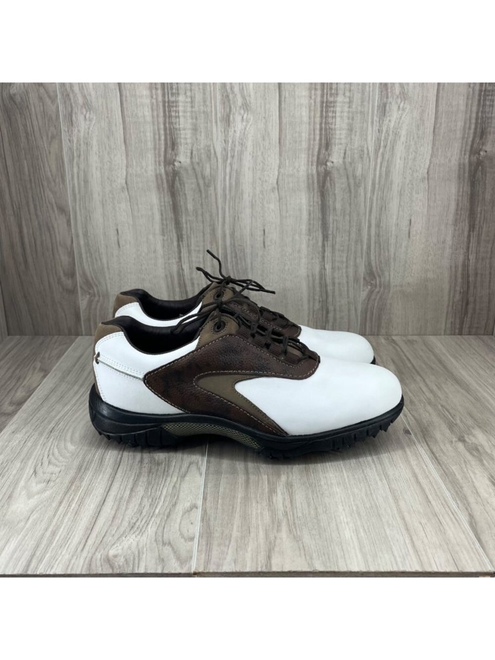 Footjoy Golf Shoes Mens 8.5M Contour Series White Brown Lace Up Soft Spike Cleat